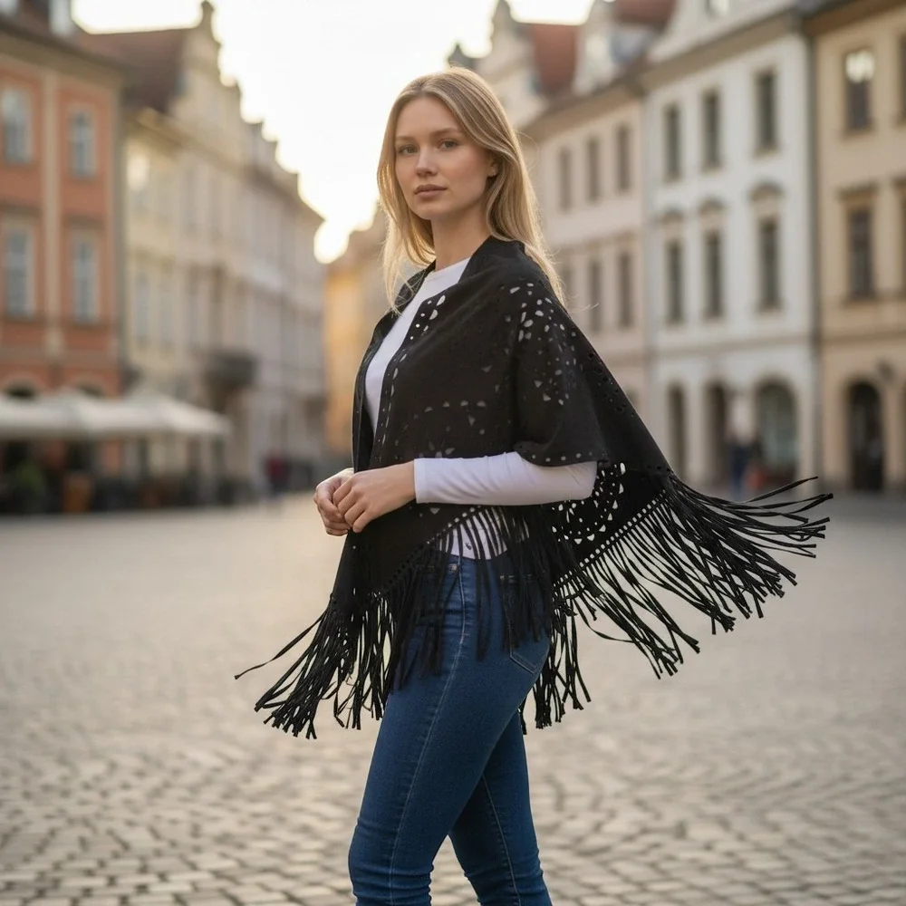 Steve Madden Black Faux Suede Fringe Wrap Shawl Boho Western Cowgirl Concert